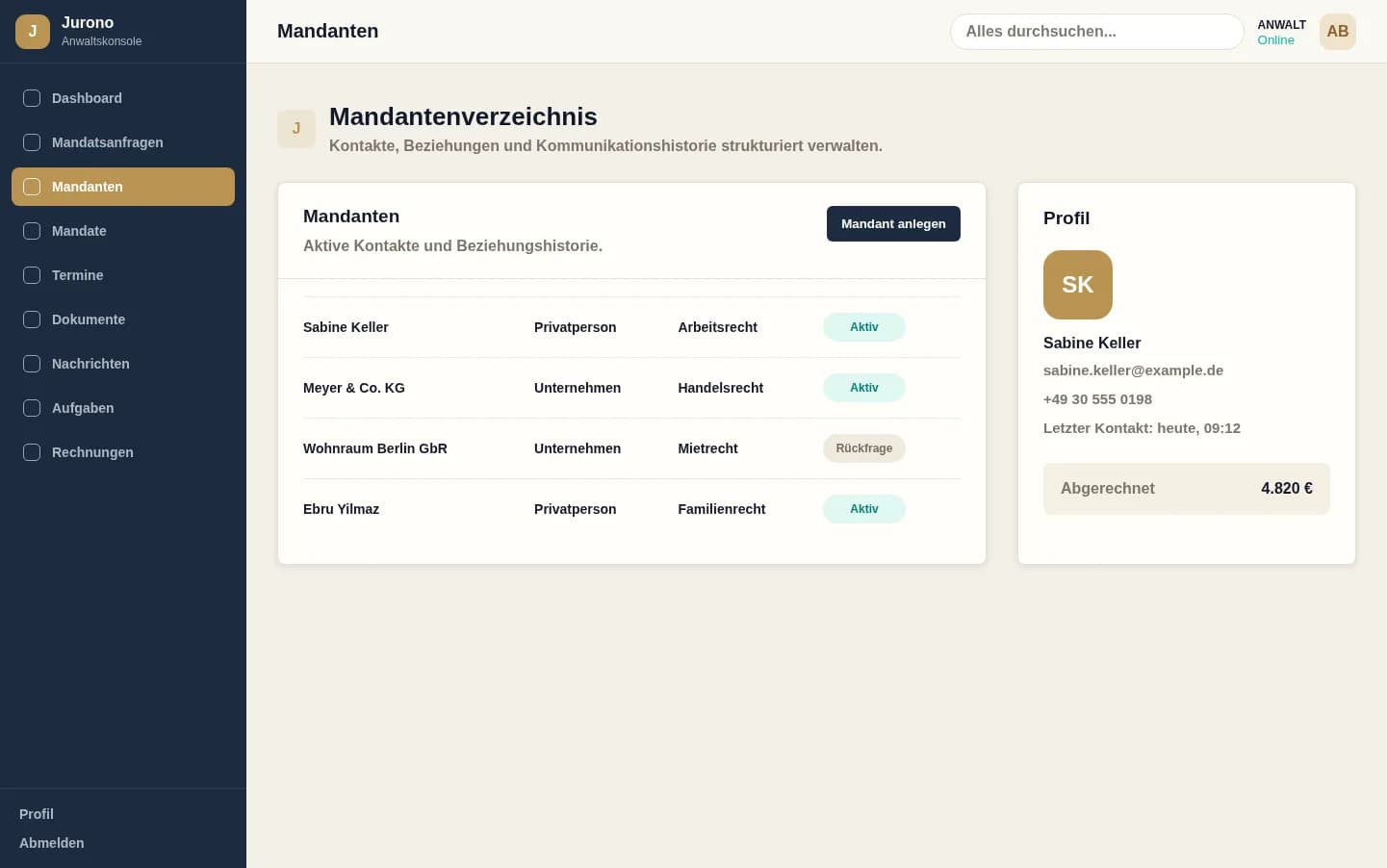 Mandantenverwaltung in Jurono