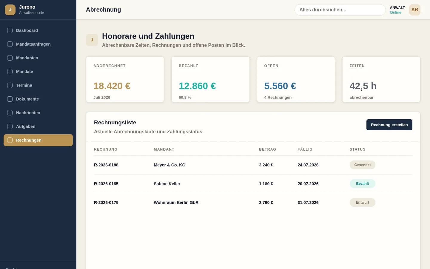 Rechnungsstellung in Jurono